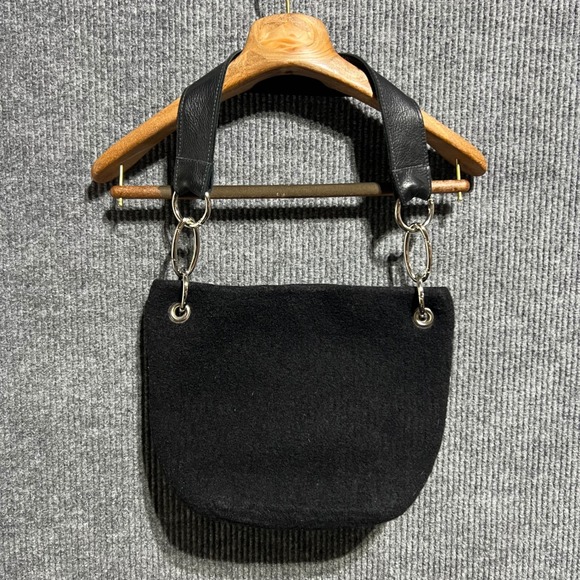 Sarah Oliver Handbags Handbags - Sarah Oliver Handbags Small Black Boiled Wool Leather Strap Silver Chain Link